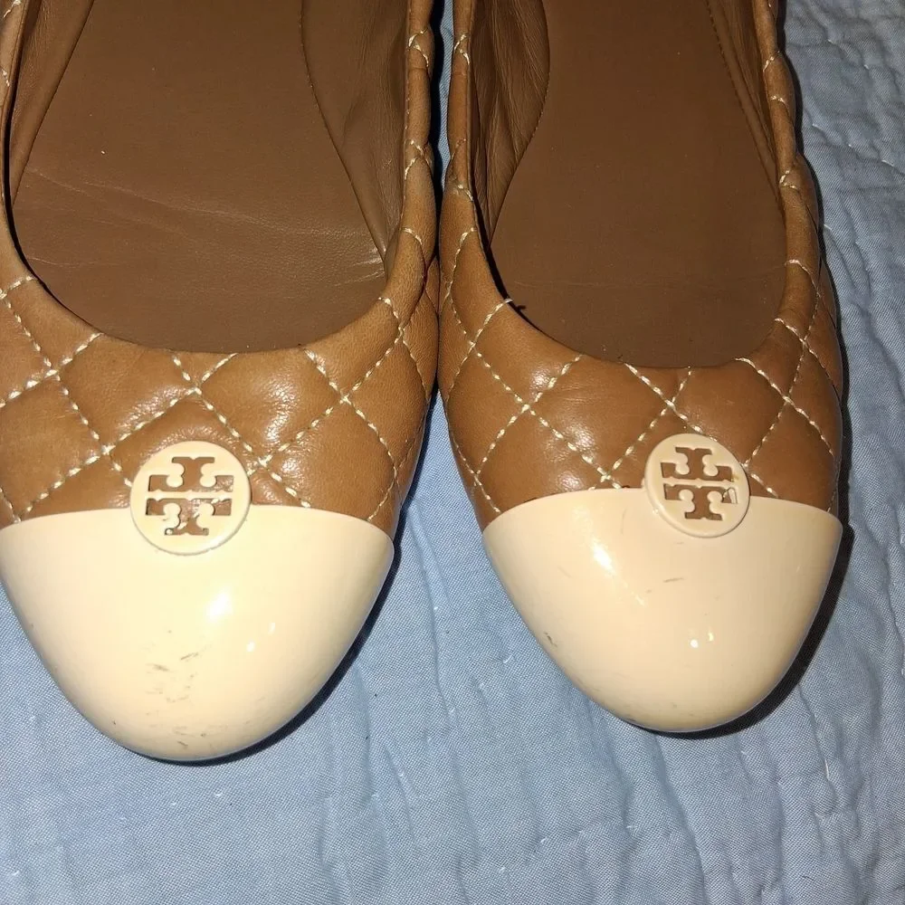 Tory Burch Brown and Cream Quilted Flats 8.5M